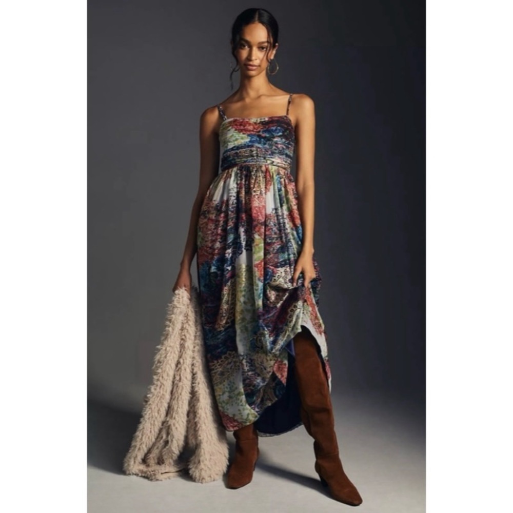 Payal Jain Anthropologie Watercolor Metallic Ruched Maxi Dress L